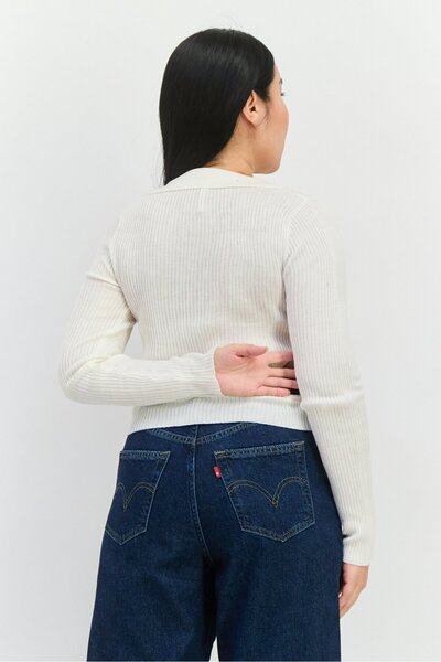 ASYOU Women Scoop Neck Ribbed Cardigan, Cream