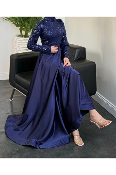 LEYUZE BUTİK Işıltılı Pul Payet Saten Tesettür Abiye Lacivert
