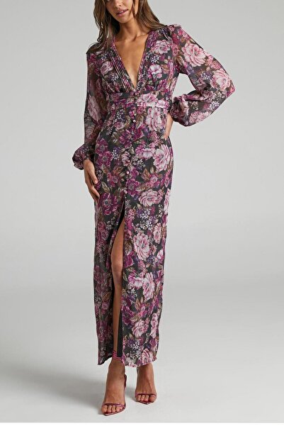 Madmext Mor Çiçekli Düğme Detaylı Kadın Elbise Mg2314