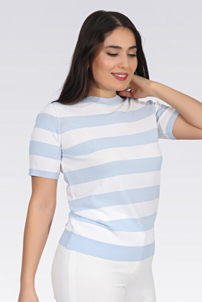 TOLGA SARAÇOĞLU 10382 СИНЯ ВЕЛОСИПЕДНА КОРОТКОРУКА СТРІЧКОВАНА ТРИКОТАЖНА БЛУЗКА