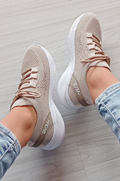 Ayakkabı Durağı Bej Günlük Hafif Triko Spor Ayakkabı 351