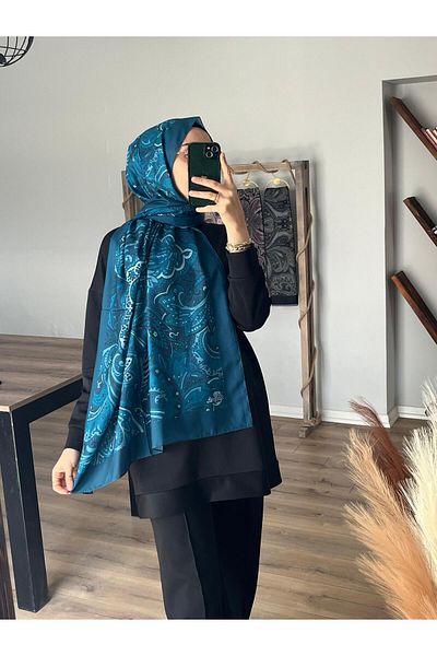 Merwiss شال نسائي من القطن الناعم المزخرف باللون الأخضر البترولي