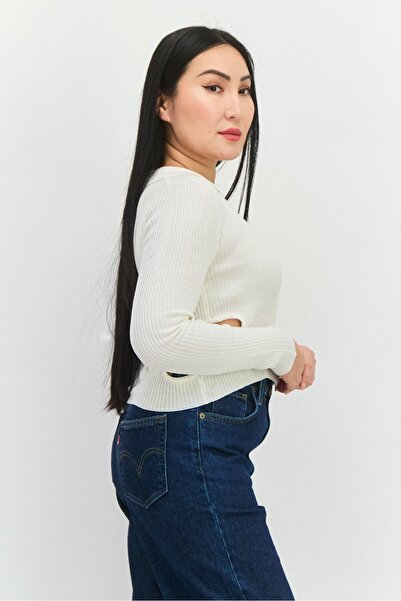 ASYOU Women Scoop Neck Ribbed Cardigan, Cream