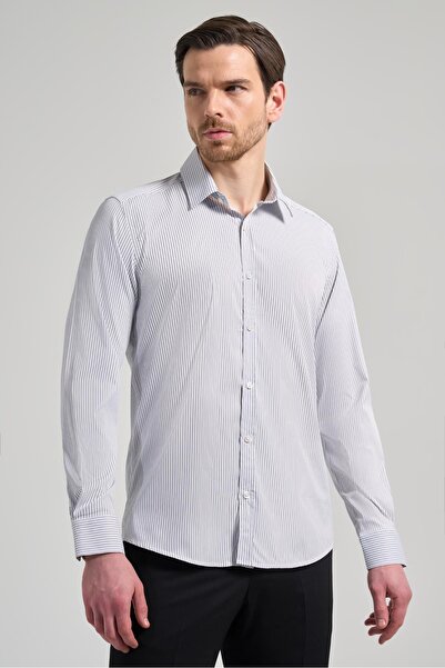 İmza Λευκό μακρυμάνικο πουκάμισο με μοτίβο μισό ιταλικό γιακά χωρίς τσέπες ελ...