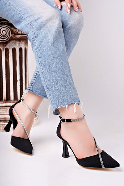 bulutmod Ba04148 Black Women's Satin Front Stone Evening Dress Heeled Shoes - Black Suede - 37