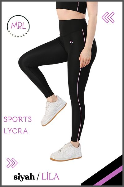 missmaral Women's Comfortable Sport Tights - Black/Lilac Stripe Detail Lycra Diver 1041