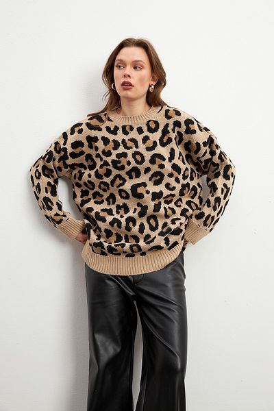 Bipantolon Pulover oversize de bază cu textura moale cu imprimeu leopard pentru femei