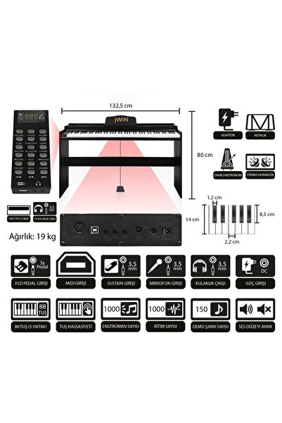 JWIN SDP-92 Tuş Hassasiyetli 88 Tuşlu Kapaklı Dijital Piyano + Tabure - Siyah