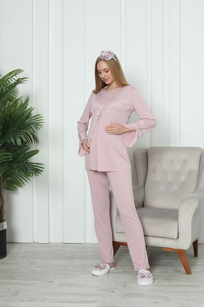 ERDENİZ TEKSTİL Maternity Pajama Suit Slit Sleeve Lace Detailed Buttoned Breastfeeding
