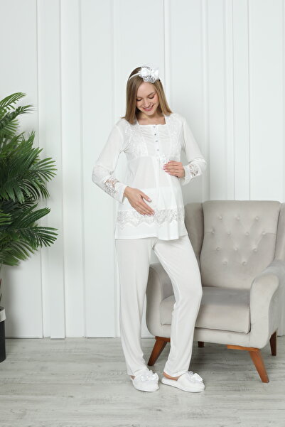 ERDENİZ TEKSTİL Maternity Pajama Set Pool Collar Stylish Lace Detail Buttoned...