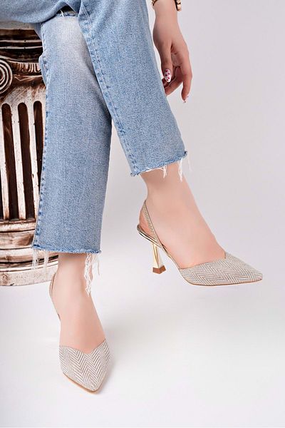 bulutmod Ba04567 Gold Women's Sequined Silvery Transparent Elastic Evening Dress 9 cm Heeled Shoes