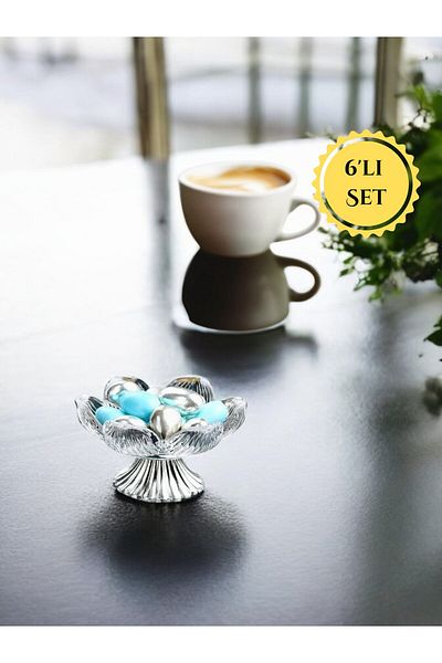 FAIR HOME Silver Color Metal Leg Lotus Flower Coffee Side Glass Turkish Delight Bowl Dragee Set – 6 Pieces