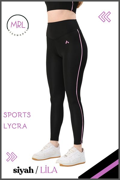 missmaral Women's Comfortable Sport Tights - Black/Lilac Stripe Detail Lycra Diver 1041
