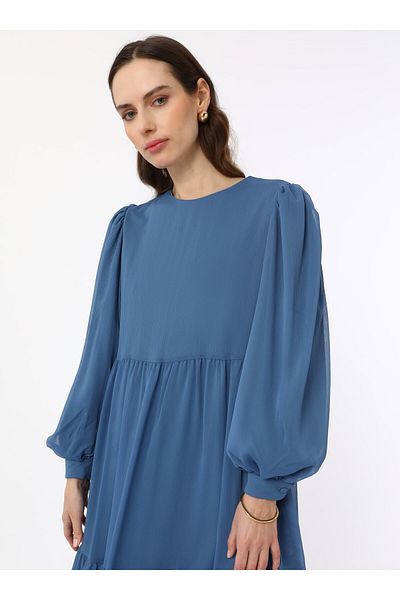 Benin Balloon Sleeve Lined Chiffon Hijab Dress - Indigo - Benin
