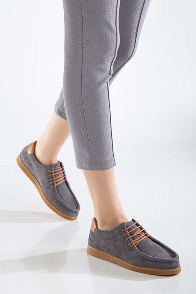 ANALİN SHOES Gray Suede Women's Genuine Leather Casual Lace-Up Shoes