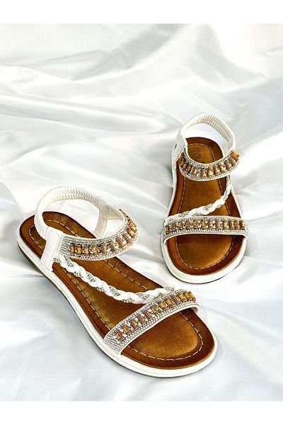 Guja Ba04536 White Women's Ankle Stripe Stone Orthopedic Imported Elastic Sandals - White - 37