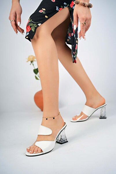 bulutmod BA04241 Beyaz Kadın Şeffaf Topuk Ve Deri Günlük Abiye Terlik - BEYAZ...