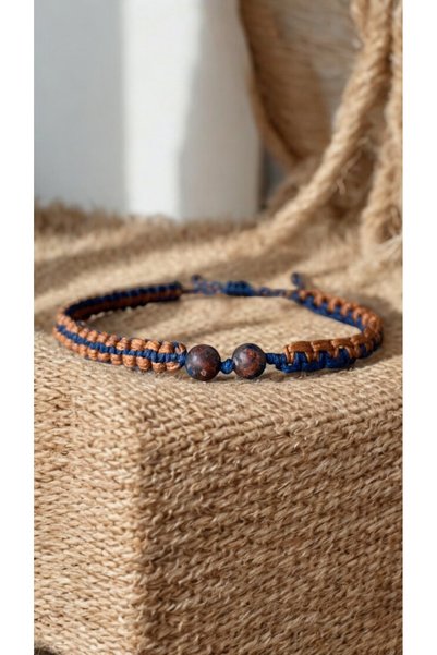 Bensei Takı Dükkanı Bensei̇ Ceyt (Jade) Stone, Tan - Navy Blue Adjustable Men's Bracelet