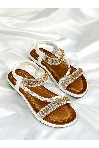 Guja Ba04536 White Women's Ankle Stripe Stone Orthopedic Imported Elastic Sandals - White - 37