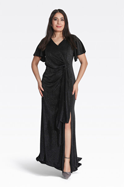 TOLGA SARAÇOĞLU 40035 SİYAH SİMLİ KUMAŞ UZUN ABİYE ELBİSE