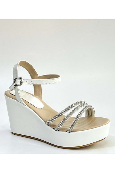 Bulut Ayakkabı Bulutmod Ba04099 White Women's Three Stone Evening Dress Daily Wedge Heeled Shoes - White - 38