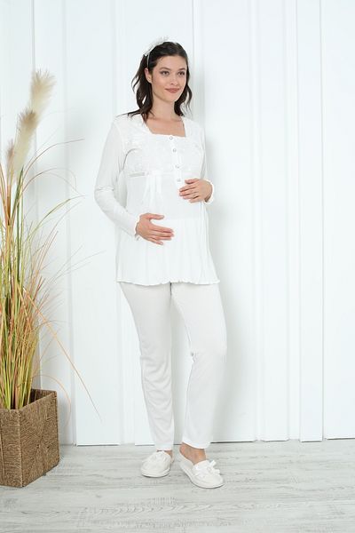ERDENİZ TEKSTİL Maternity Pajama Set Long Sleeve Buttoned Pool Collar Breastfeeding Lace / Satin Detailed 2-Piece Maternity Set