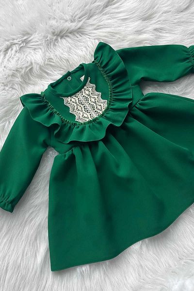 Bertuğ Bebek Dark Green Girl's Baby Crepe Dress with Lace and Ruffle Detail