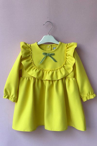 Bertuğ Bebek Ruffle And Ribbon Detailed Design Yellow Crepe Baby Girl Dress
