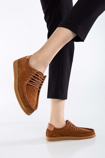 ANALİN SHOES Women's Genuine Leather Casual Lace-Up Shoes - Tan Suede