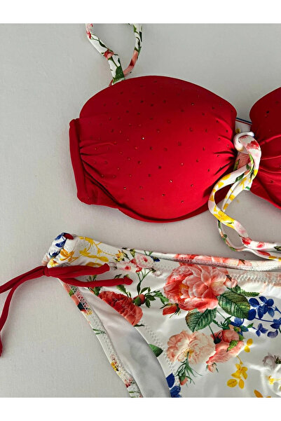 hazelin Kadın Kırmızı Taş İşlemeli Astarlı Bikini Takım HZL25S-LC208