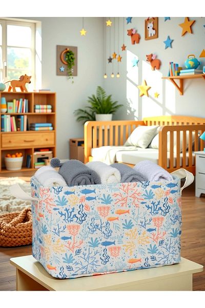 PRENDİ HOME Organizator multifuncțional cu model oceanic Coș organizator dreptunghiular decorativ 30 x 22 x 18