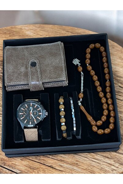 ESNASTORE Erkek Saat Tesbih Doğal Taş Bileklik Cüzdan Seti
