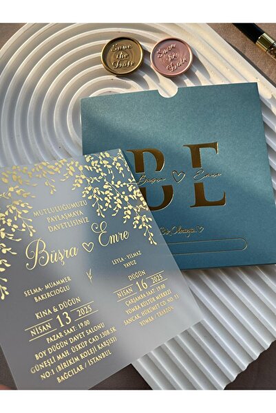 emindijital Turkuaz Zarflı Şeffaf Nikah, Nişan, Kına, Düğün Davetiyesi - 50 Adet