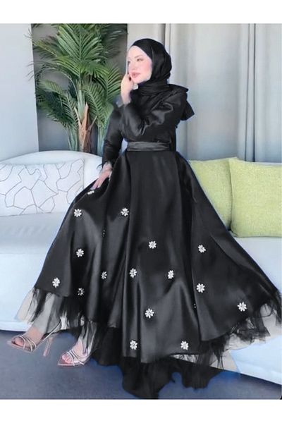 MERVEPLUME Floral Embroidered Stoned Satin Black Women's Hijab Evening Dress Wedding Wedding Engagement Henna
