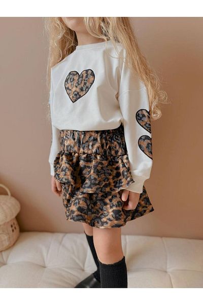 MİNİKO KİDS Girl's Heart Modeled Sleeve Detail Leopard Skirt Suit
