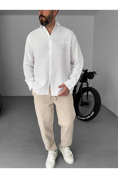 BYBASICMAN White Embroidered Muslin Fabric Shirt Yp-4007