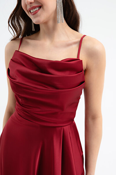 Lafaba Women's Burgundy Flounce Slit Satin Midi Length Evening Dress & Graduation Dress