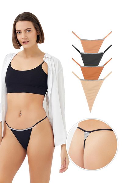 Cottonhill Micro Satin Front and Back Stone Detailed Women's String Panties 4 Pack