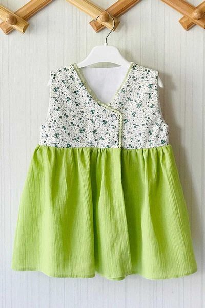 Bertuğ Bebek Detaliu dantela imprimeu flori fara maneci dublu piept verde fete copii rochie bebe