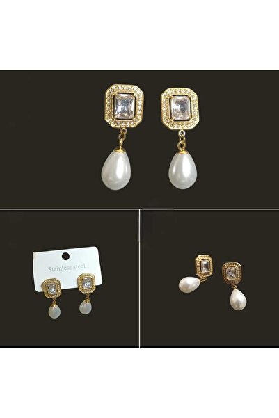 Polikromi Kadın Çelik Taşlı İncili Küpe