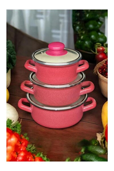 ALEV EMAYE Set of 3 Red Mini Enamel Pots 12-14-16cm