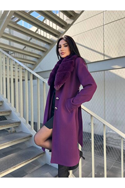 Leylakco Yaka Kürk Detaylı Kaşe Kaban