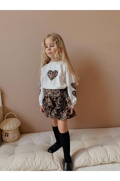 MİNİKO KİDS Girl's Heart Modeled Sleeve Detail Leopard Skirt Suit