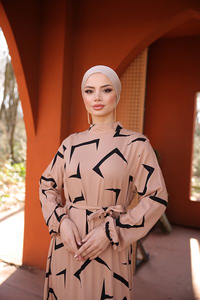 Zaure Women's Hijab Patterned Belted Viscose Dress
