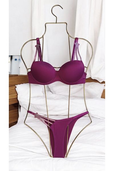 Bellarue Star 3-Piece Stone Detailed Padded Women's Purple Underwear Set Bra Set