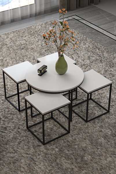 GOLDFALEZ Orta Sehpa Ve Zigon Sehpa Oval Lüx 5'Li Set Beyaz