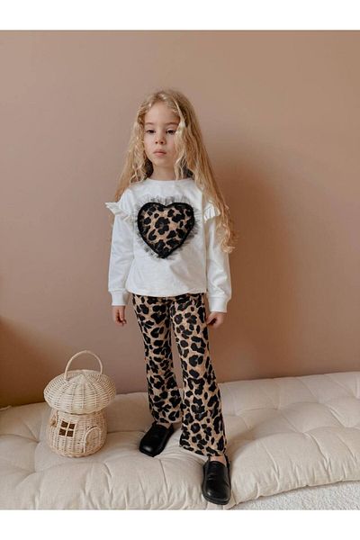 MİNİKO KİDS Costum pentru fetiță, model de inimă, detaliu din tul, leopard, cu picior evazat spaniol