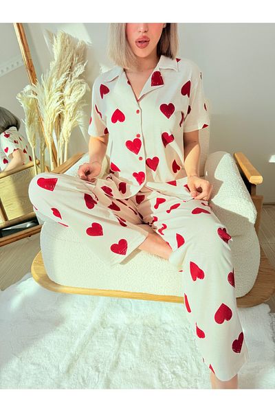 Pijamacs Ecru Red Heart Patterned Cotton Short Sleeve Shirt Collar Pajama Set