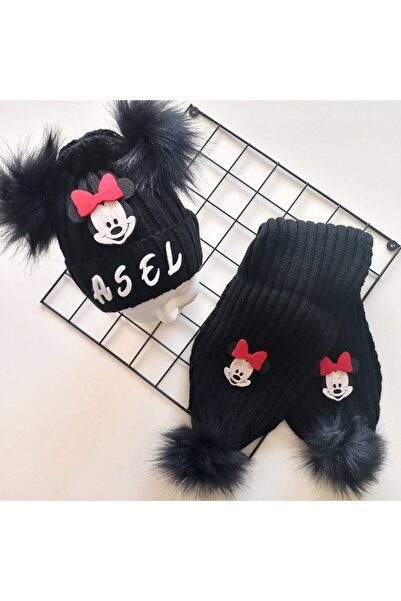 MARS BABY Bebek Kız Çocuk İsimli Kişiye Özel Siyah Kırmızı Minnie Çift Ponpon...