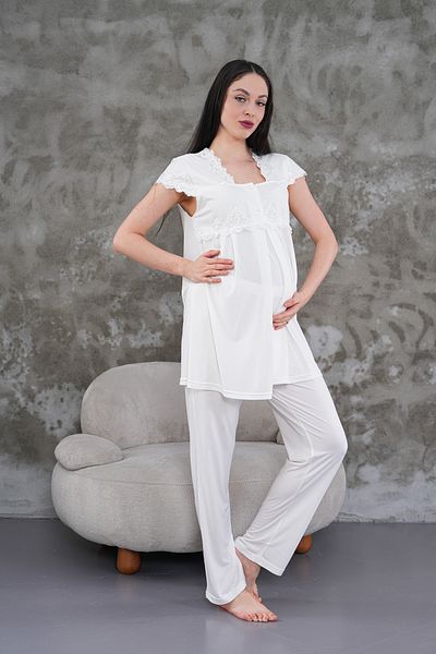 BLACKMORE Women's Ecru Lace Cotton Short Sleeve Maternity Pajama Set